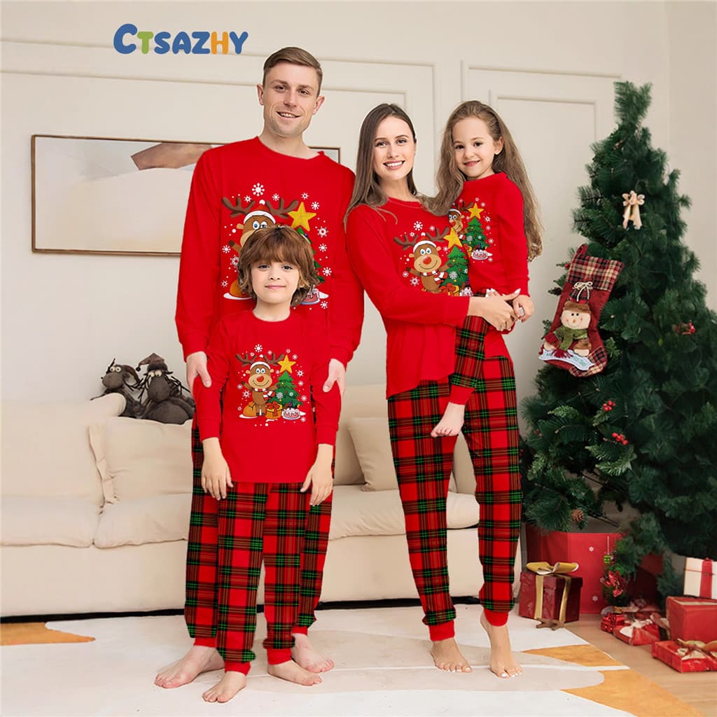 Trajes De Férias Para Toda A Família Combinando Pijamas Conjunto Natal Elk Árvores Imprimir Pai-Filho Macio 2 Pçs Terno
