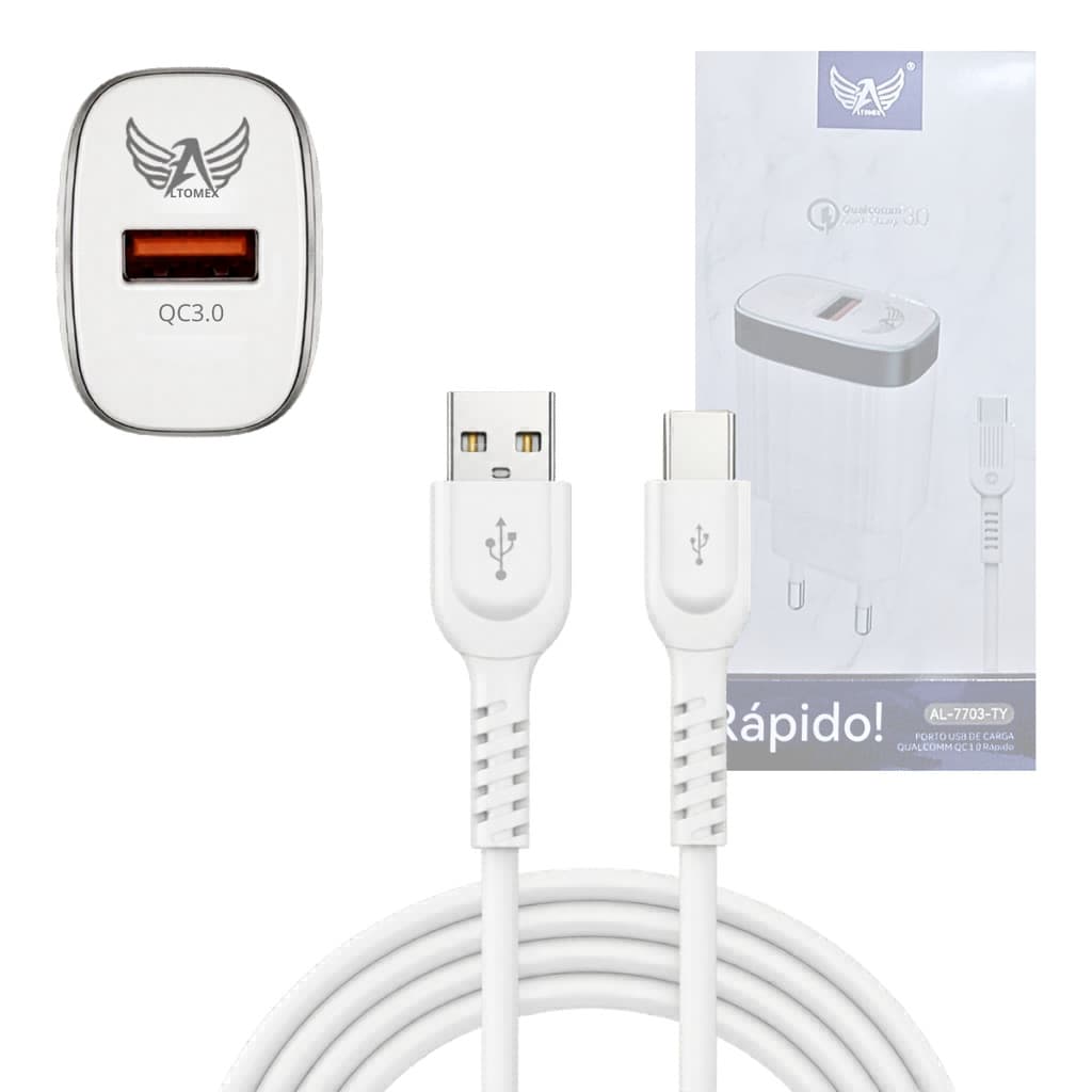 Carregador Completo Rápido 5.1A com 01 Porta USB e Cabo Tipo-C Altomex AL-7703-TY