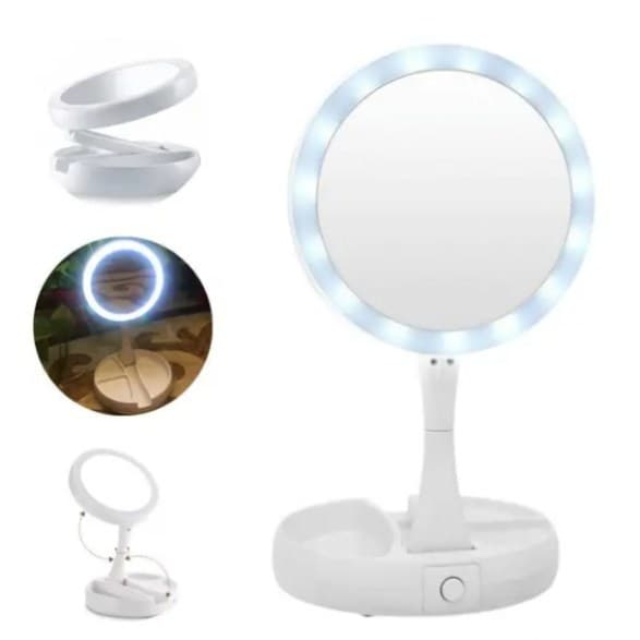 Espelho Maquiagem LED Dobrável 10X USB Porta Objetos Branco