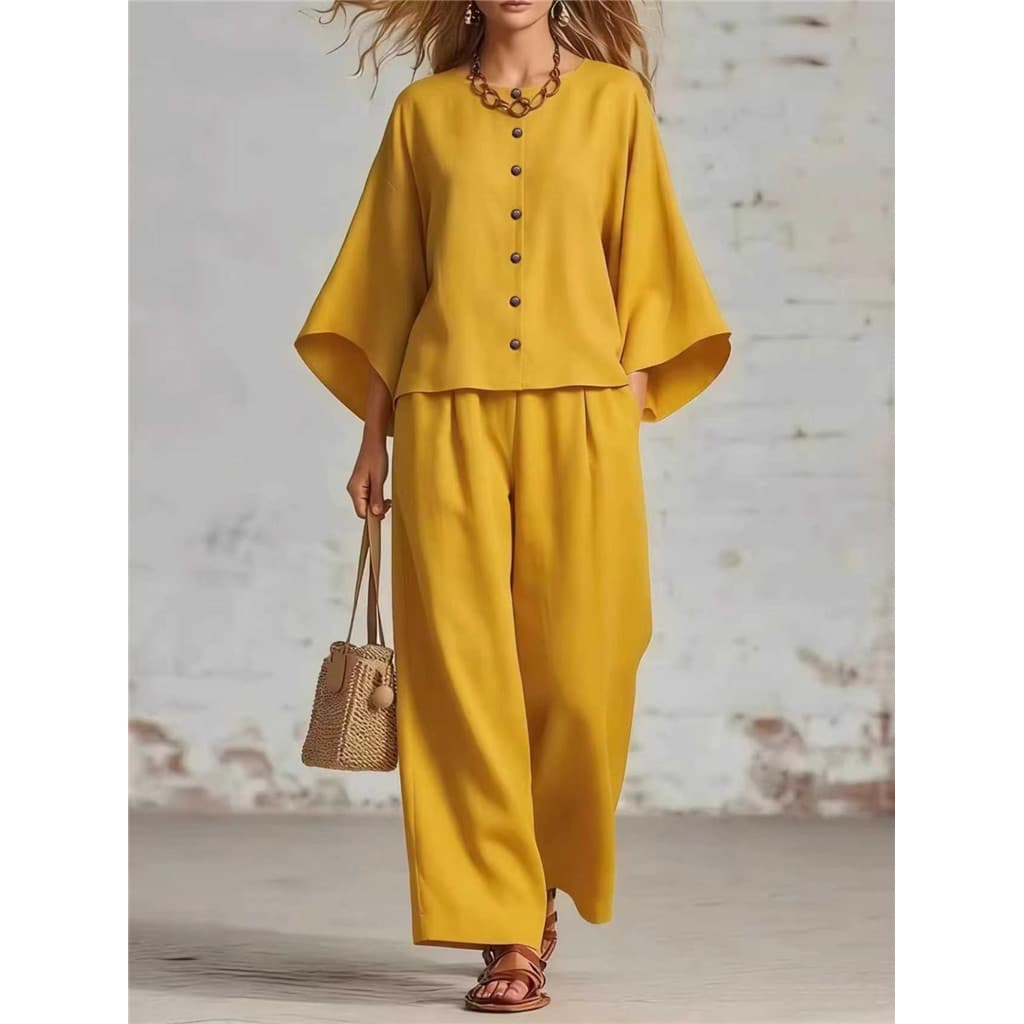 Moda Feminina Sólida 2 Peça Roupa Outono O-Pescoço 3/4 Manga Blusa Cintura Alta Calças Largas Perna Casual Solto Férias