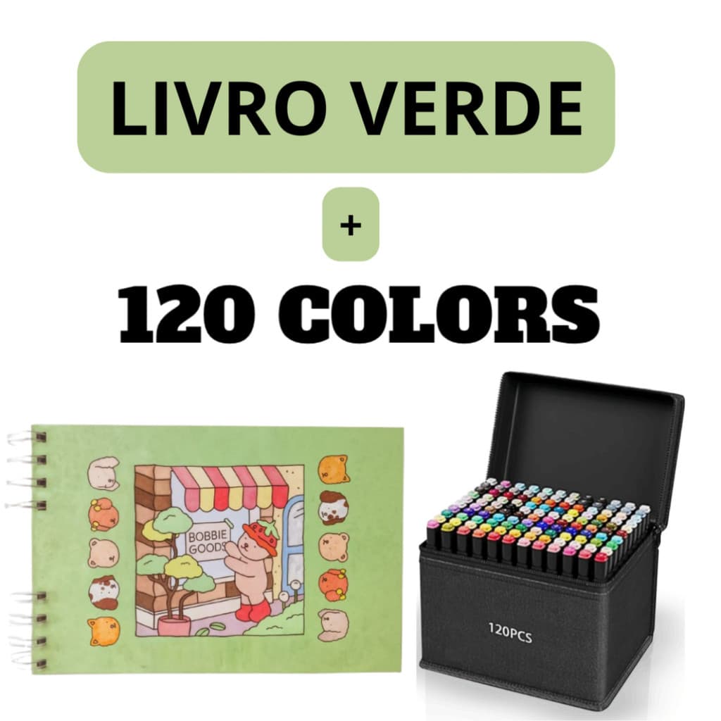 Kit Livro Colorir URSO BOB (Verde) + 120 Canetas