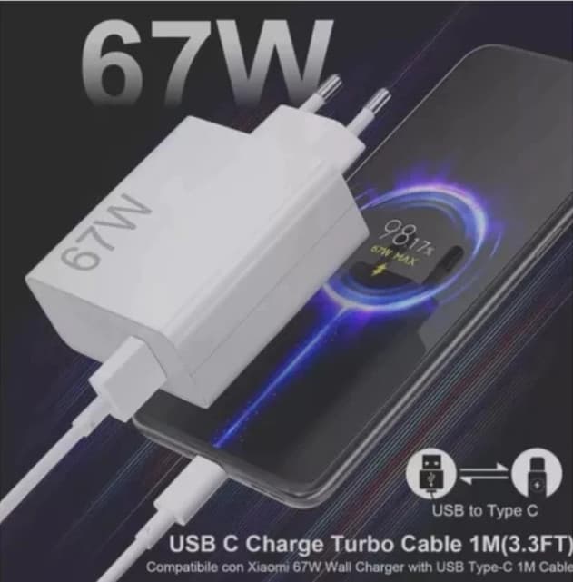 Carregador Turbo 67W para Xiaomi USB Tipo C com Cabo Fast Charge Carregamento Rápido