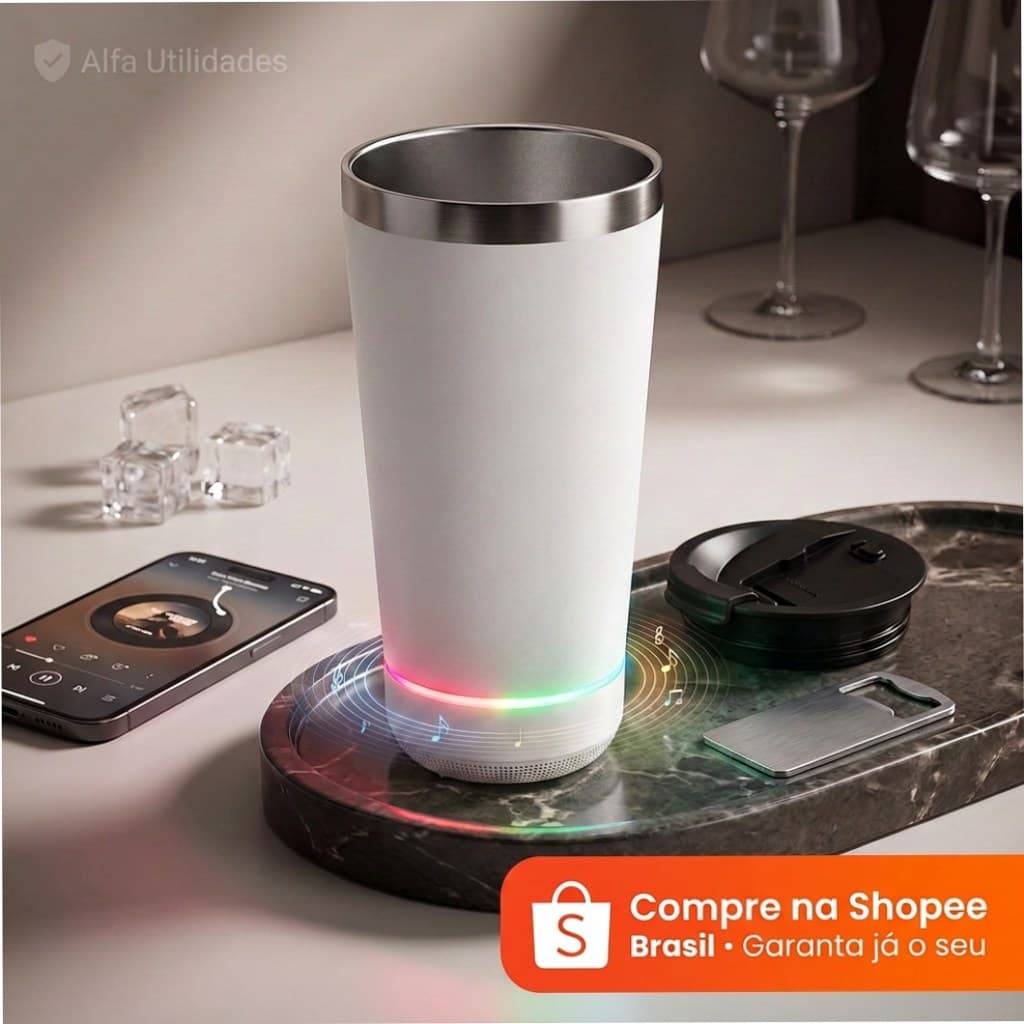 Copo Térmico Bluetooth LED 420ml Aço Inox Com Som