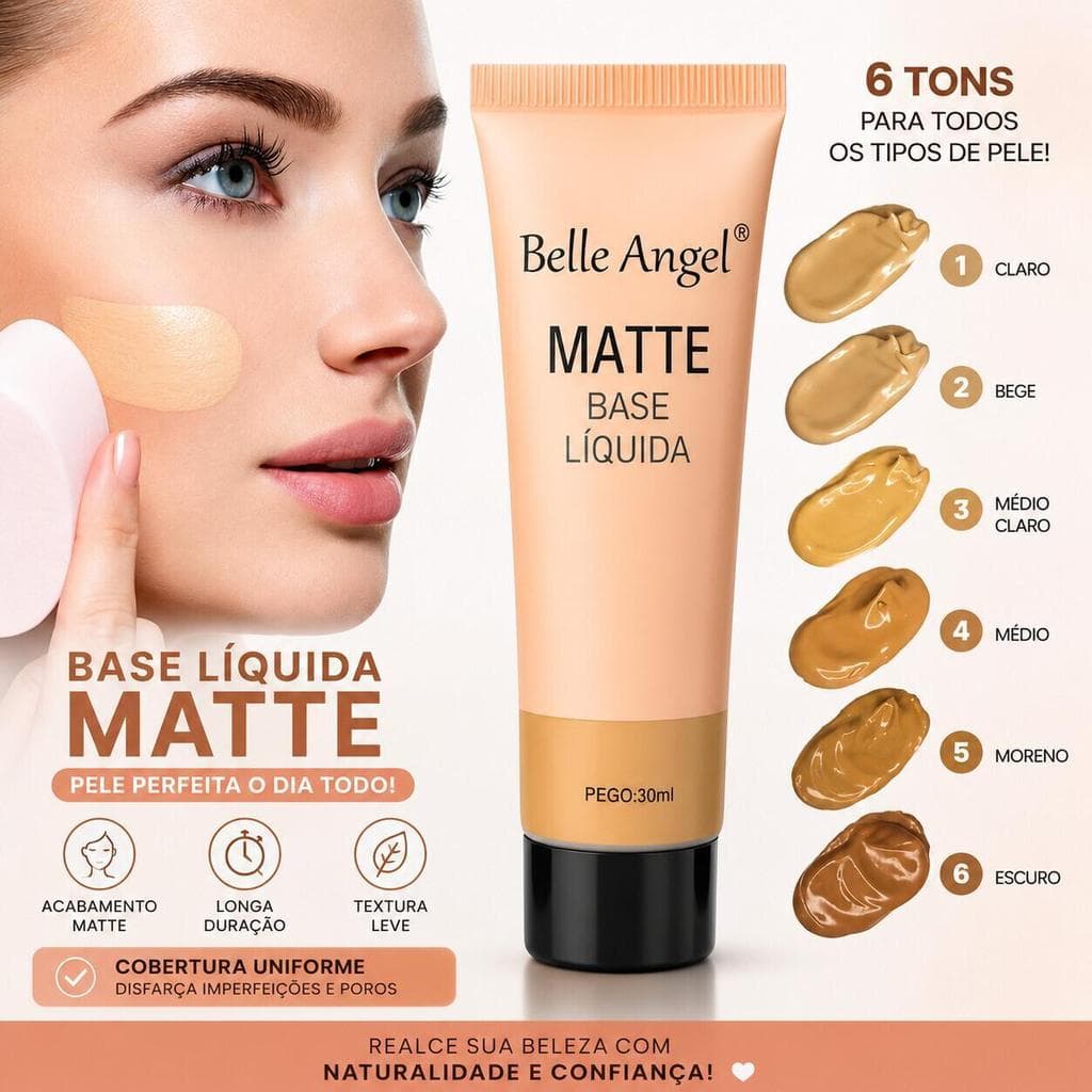 Base Líquida Matte Belle Angel B110-2 Textura Suave Cobertura Uniforme e Controle da Oleosidade