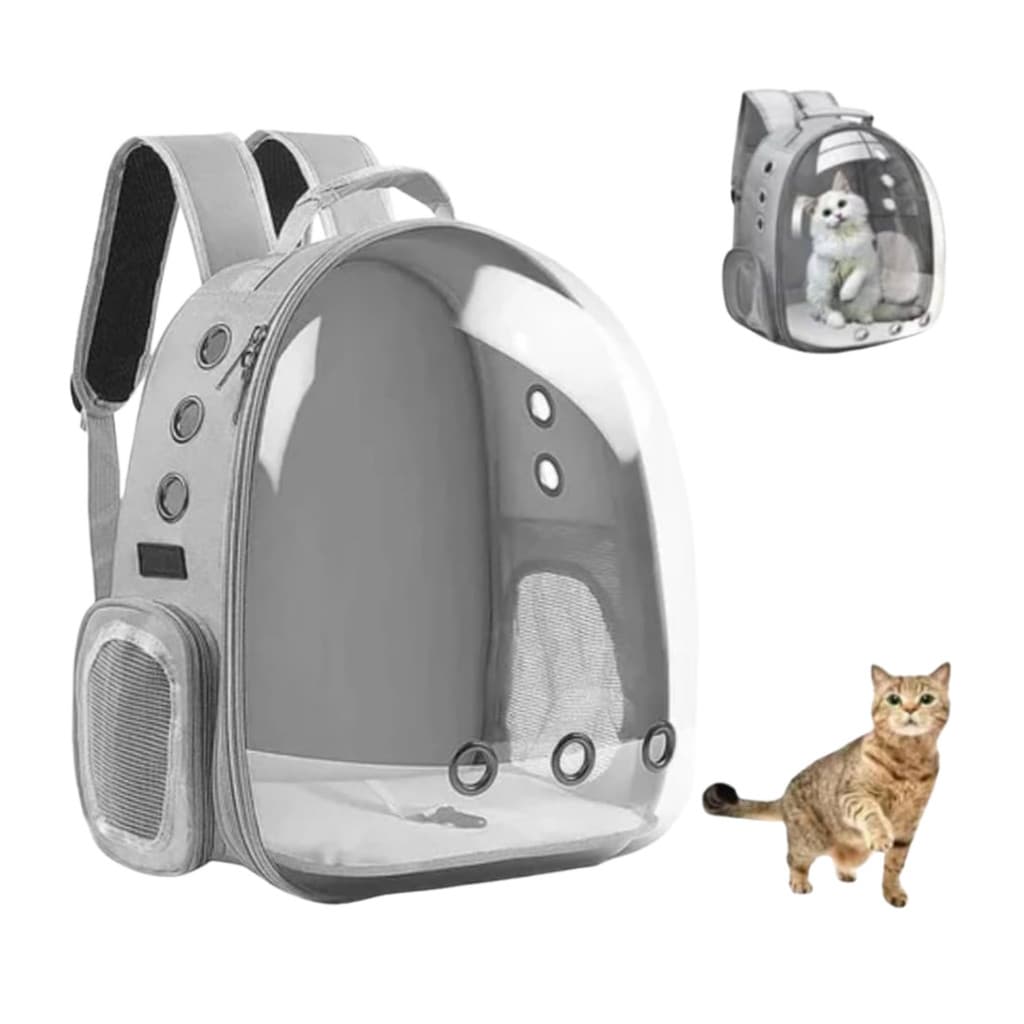 CINZA - Mochila Pet Transporte para Cães e Gatos Visão Ampla com Entrada de Ar