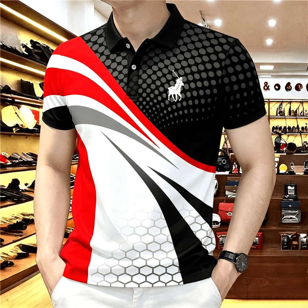 Camisa Polo Masculina Elegante De Lapela , Logotipo De Cavalo , Estampa De Listras Diagonais Com Textura De Favo De Mel