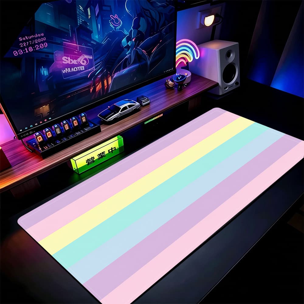 Pastel Rainbow Stripe Mouse Pad 80x30cm Tapete De Mesa Estendido Para Jogos Base Antiderrapante Bordas Costuradas
