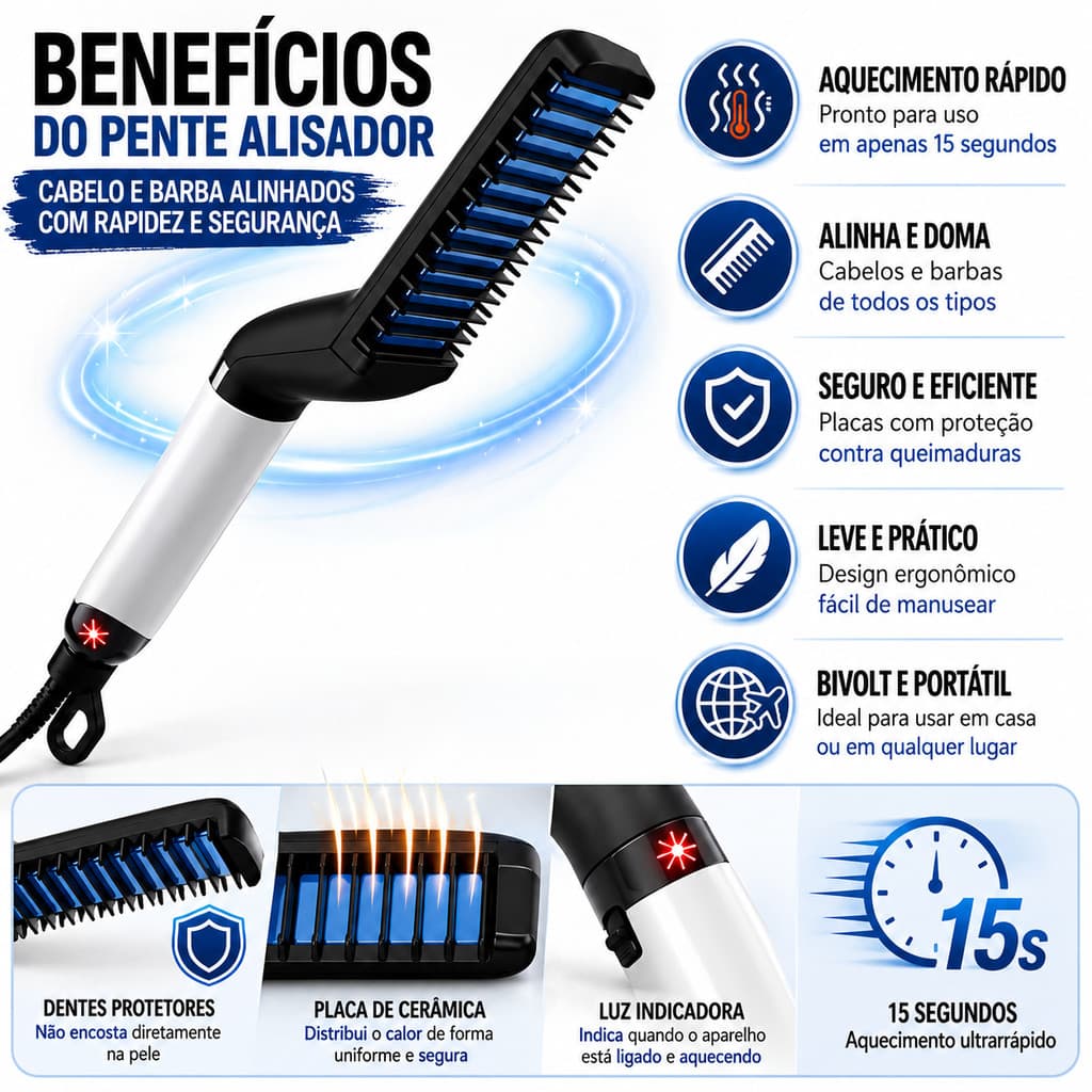 Pente Alisador de Cabelo e Barba Masculino Elétrico Bivolt