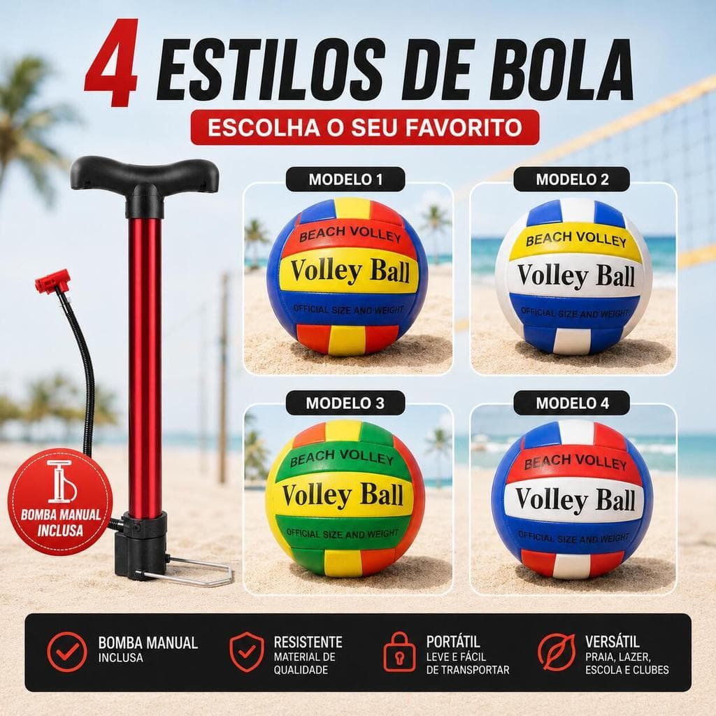 Kit Bola de Vôlei de Praia + Bomba Manual 50cm – Beach Volley para Parque e Lazer