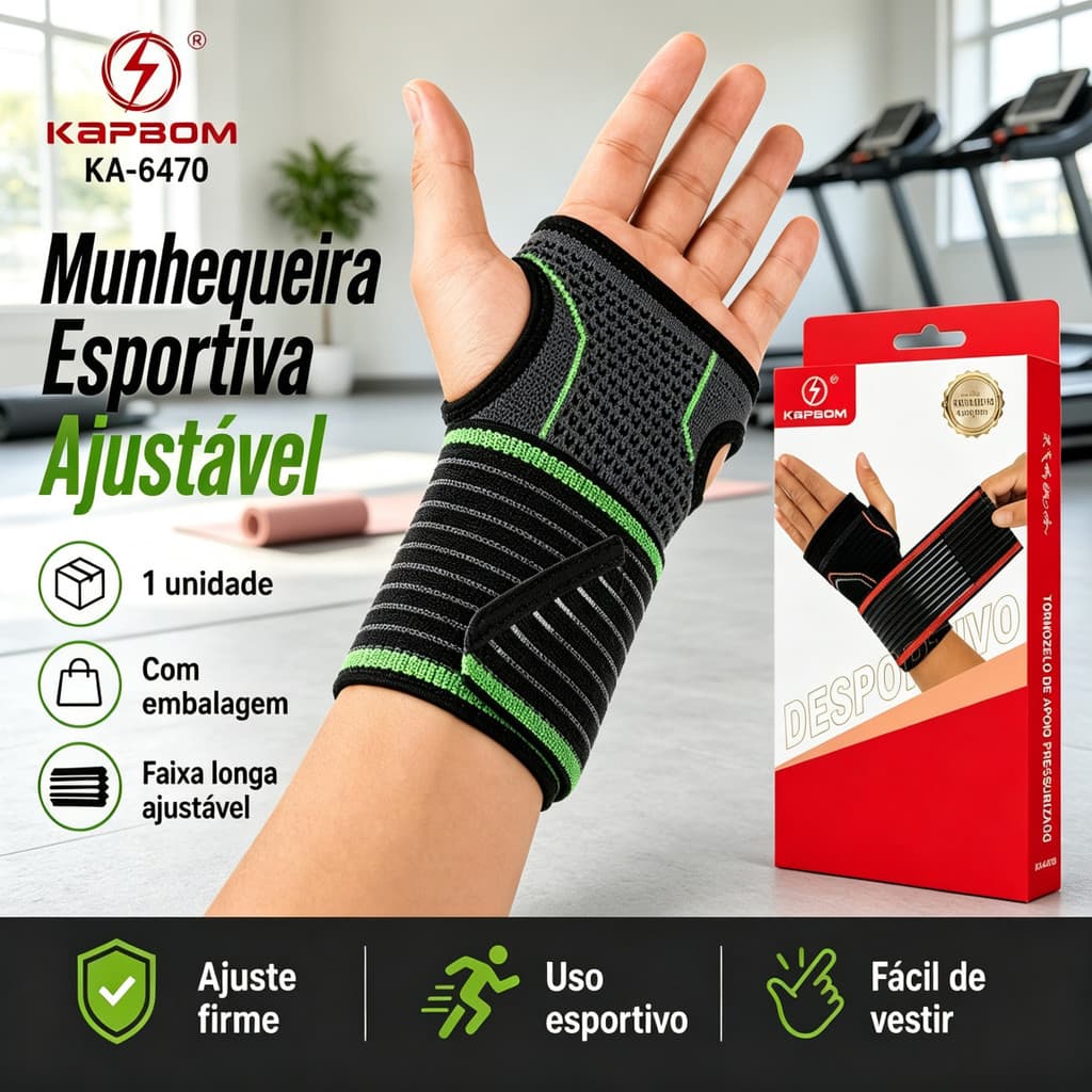 Munhequeira com Faixa Longa KAPBOM – 1 Unidade com Dedeira, Ajustável e Embalagem para Academia e Lazer