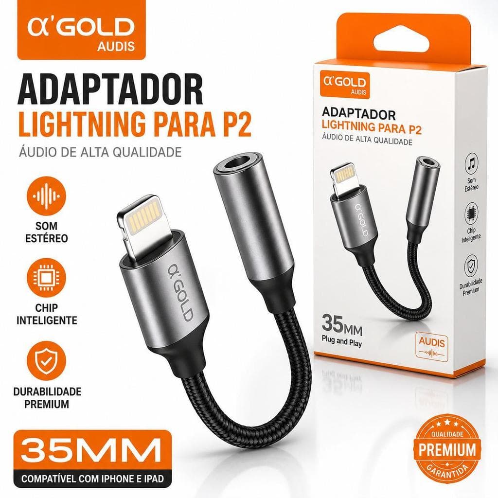 Adaptador de Áudio Lightning P2 3,5mm A'GOLD CBA-12 Original para iPhone Som Estável sem Ruídos