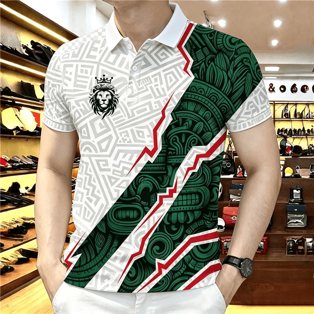 Camisa polo Masculina De Manga Curta , Estampa De totem De Leão 3D , Camiseta De Lapela casual Respirável Moda streetwea