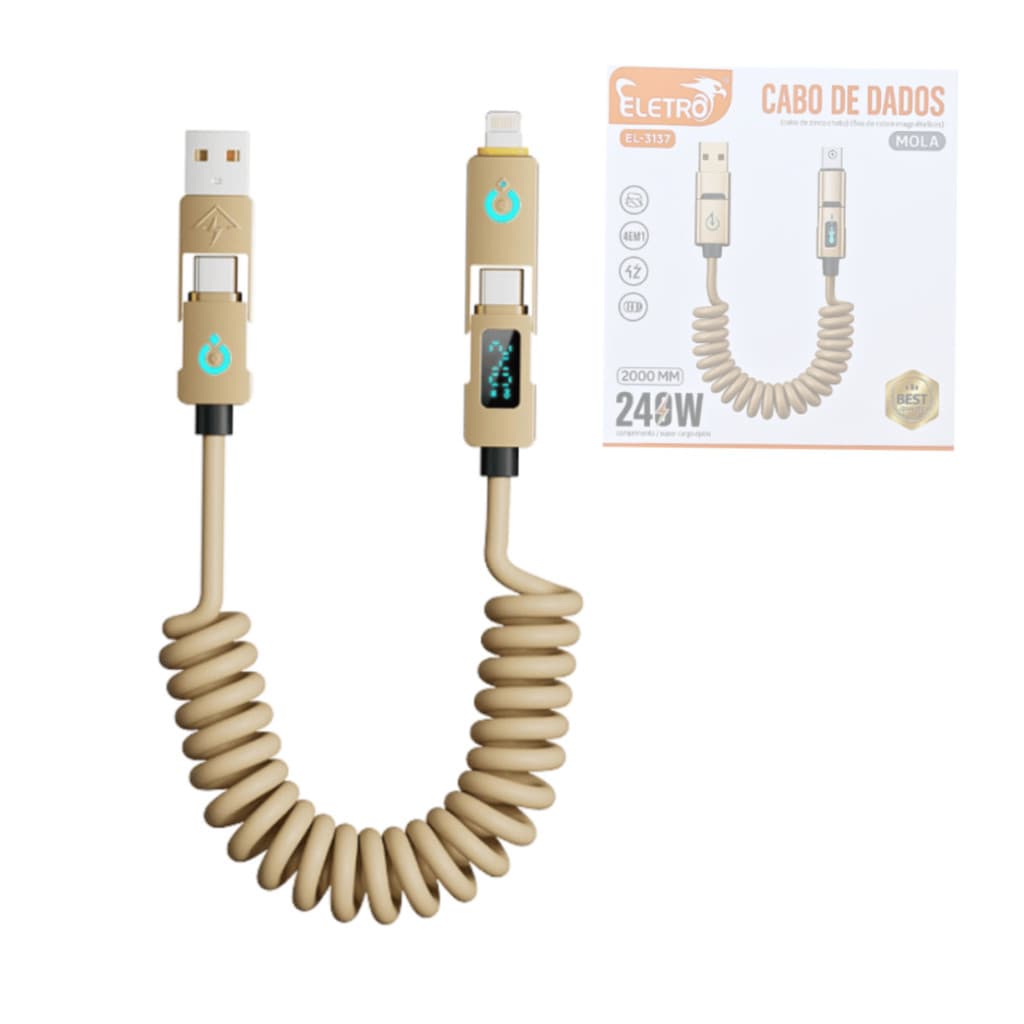 Cabo 4 Em 1 240W Retrátil Mola 2 Metros USB C Lightning Carregamento Rápido