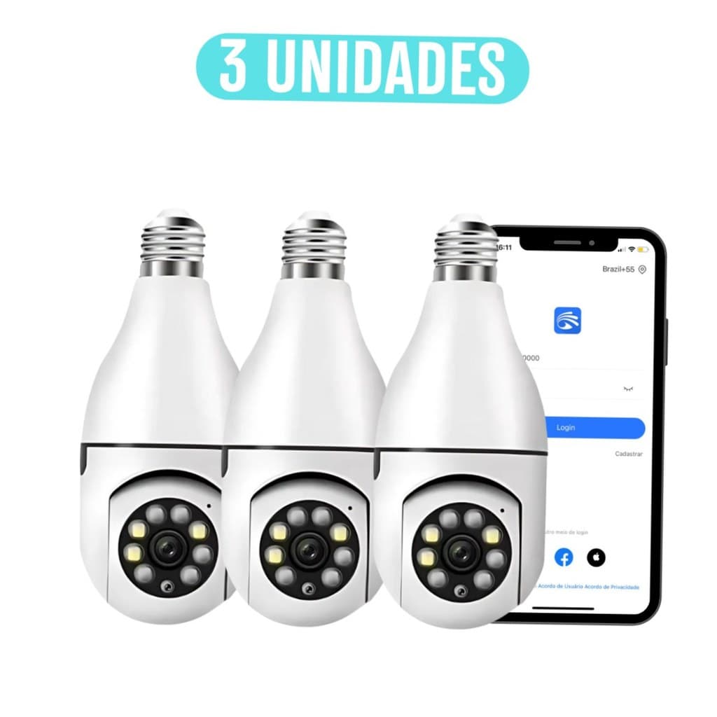 Kit 3 Câmeras Lâmpada WiFi 360° Full HD Visão Noturna