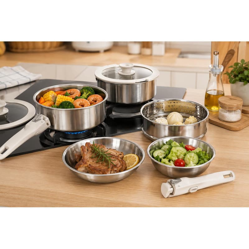 Kit Jogo Panelas Aço Inox 16 Peças Cabos Removíveis Fundo Indução Frigideiras Premium CHEF D
