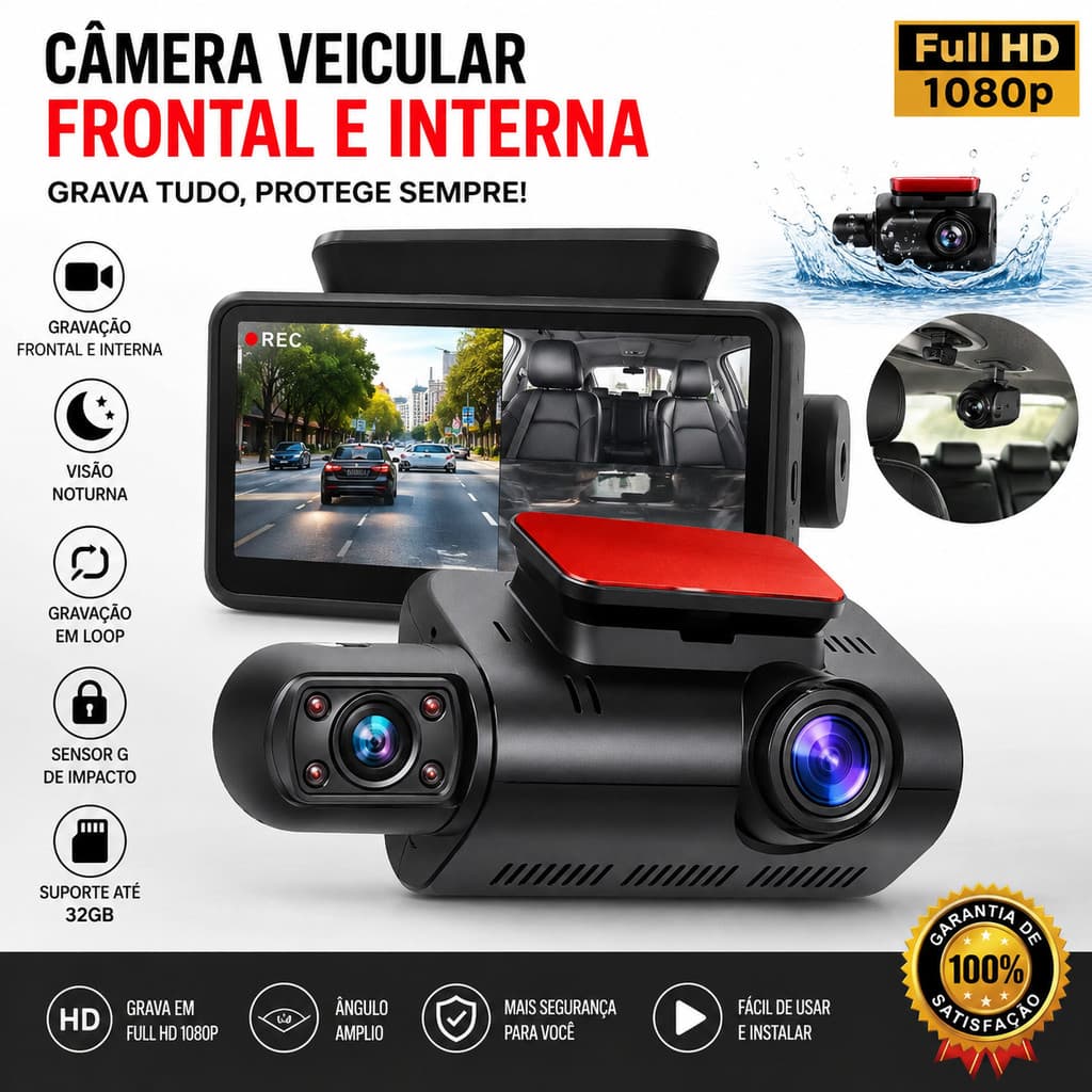 Câmera Veicular Full HD DVR Frontal e Interna com Visão Noturna