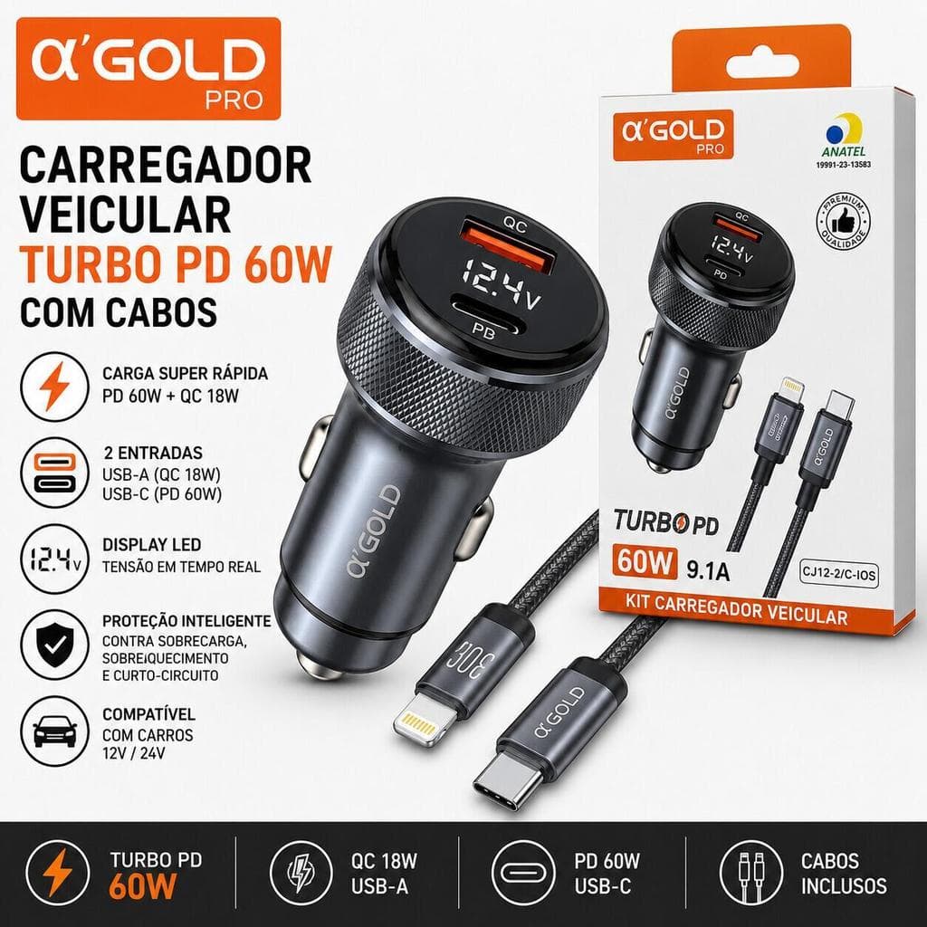 Carregador Veicular A'GOLD CJ12-2 60W com USB-C e USB Carga Rápida Original Homologado pela Anatel