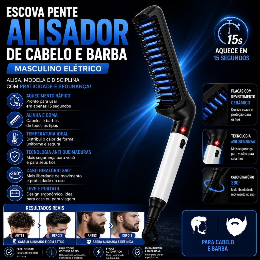 Escova Pente Alisador Elétrico para Cabelo e Barba Masculina – Praticidade e Estilo em Minutos