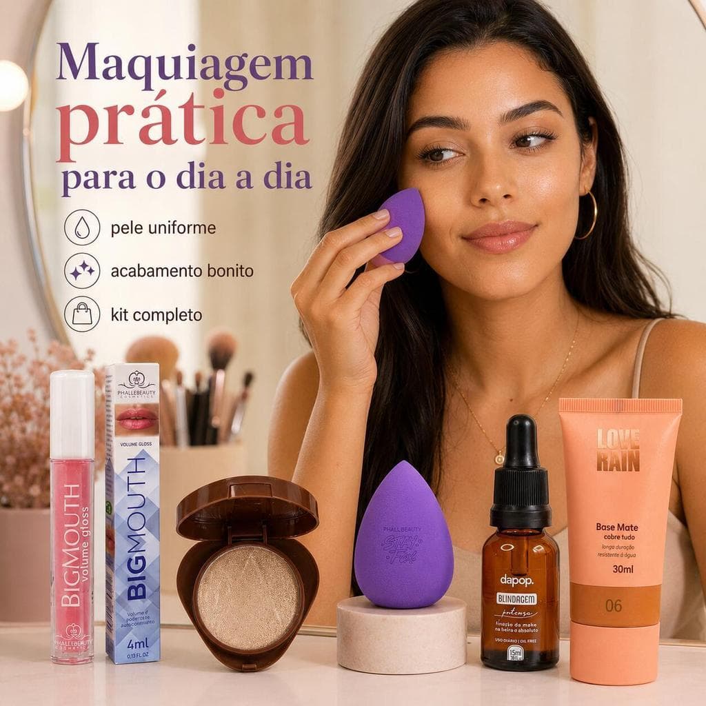 Kit Maquiagem 5 Itens com Base Matte Cor 06, Blindagem, Esponja, Iluminador Cor 04 e Gloss Rosa