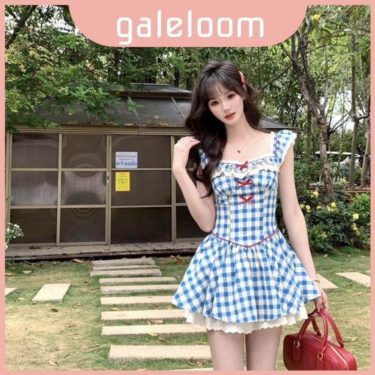 Vestido Retrô Azul Queimado Xadrez Com Cintura Alta E Mangas Curtas Verão Para Roupas
