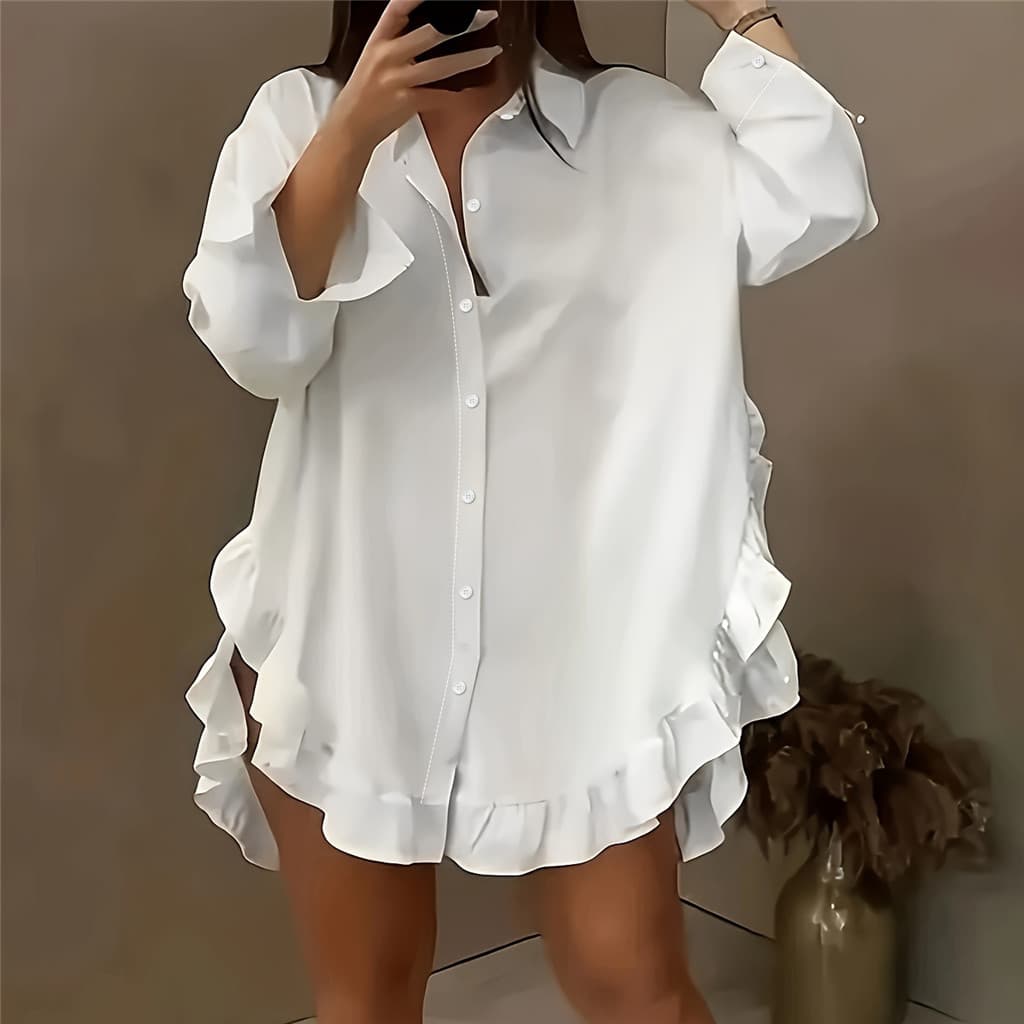 Novo Sólido Mini Festa De Baile Branco Vestidos Femininos Falbala Lapela Manga Longa Camisas Casuais Blusas Vintage