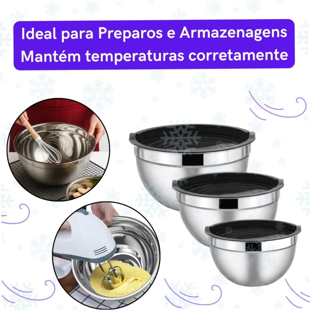Bowl Aço Inox com Tampa de Silicone Higiênica Ideal para Armazenar e Preparos - 3 Tamanhos Tigelas