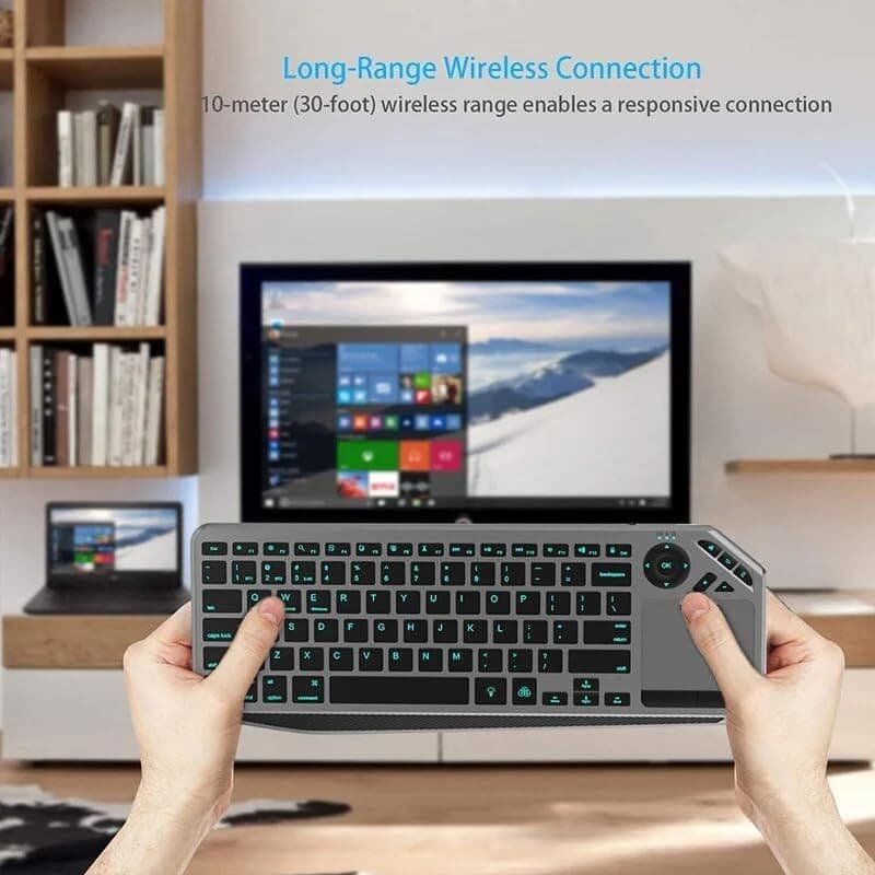 Teclado Bluetooth JOMAA com 7 cores de retroiluminação, recarregável, teclado sem fio 2.4G com touchpad para Smart TV,