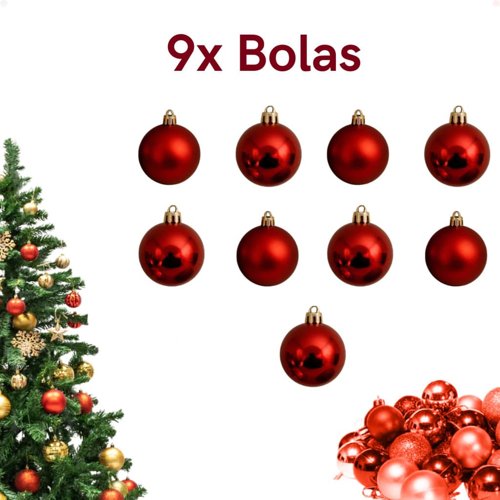 Conjunto 9 Bolas de Natal Mistas Fosca e Brilhosa Vermelha 6cm Enfeite Árvore e Casa - P11661