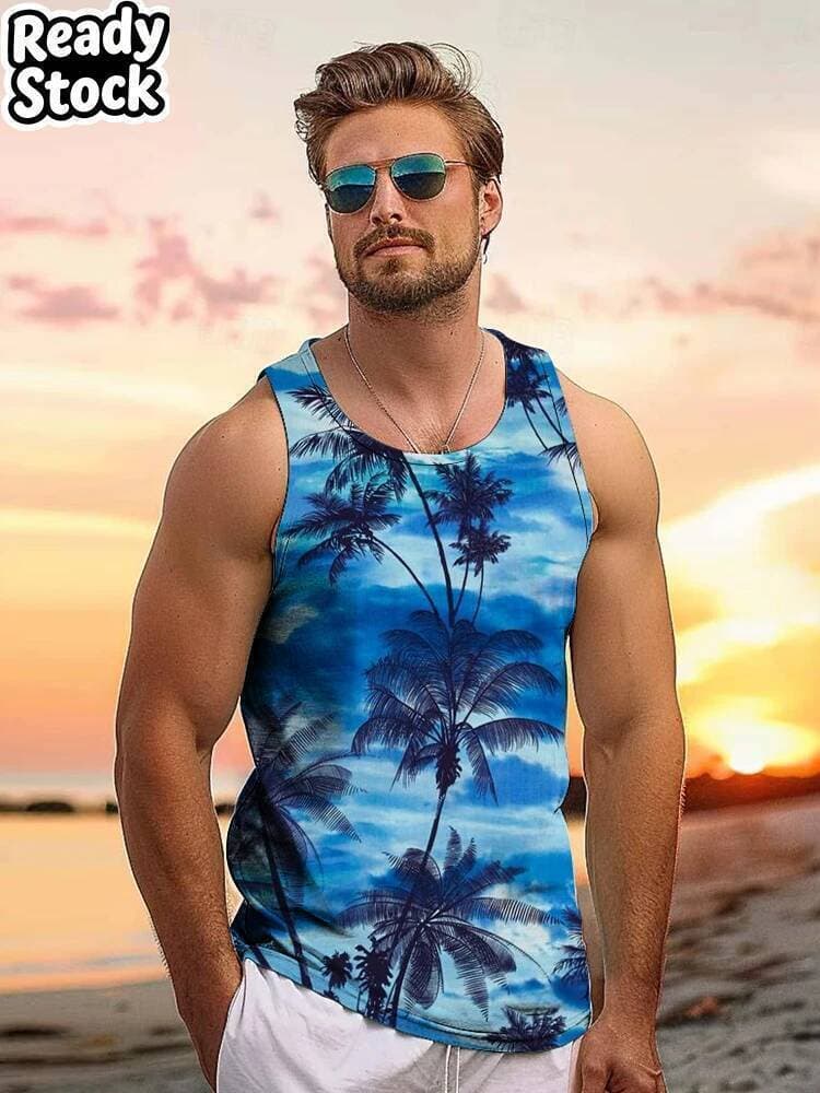 Regatas Casuais Masculinas Para Férias Na Praia , Estilo Havaiano , Regata Masculina , Viagem De Verão , Solta , Palmeir