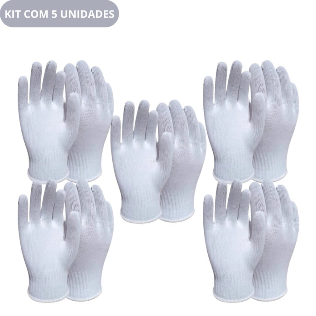 Kit 5 Pares Luvas Brancas Multiuso Reutilizáveis Proteção Algodão Manuseio Delicado.