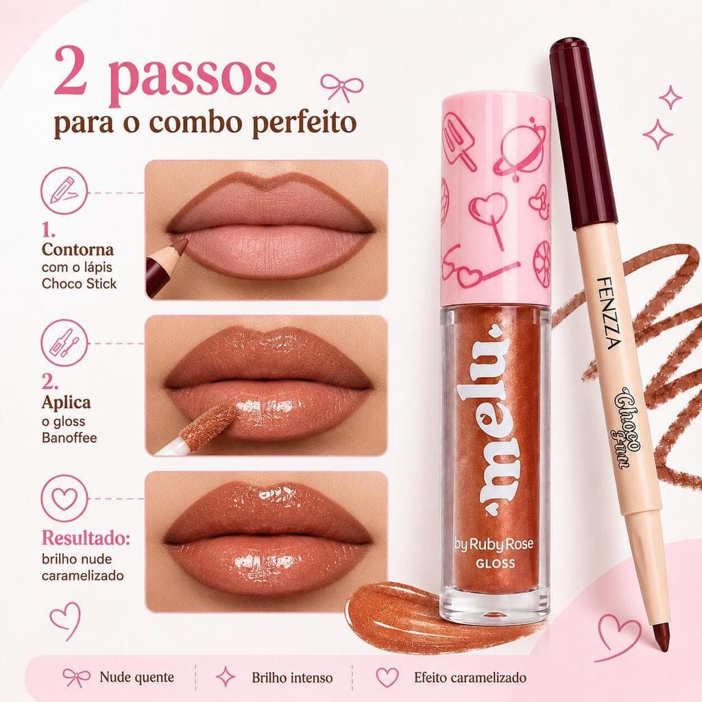 Kit Maquiagem Labial Banoffee 2 Itens Gloss 3,4ml + Lápis Labial Retrátil Nude Marrom para Contorno e Brilho