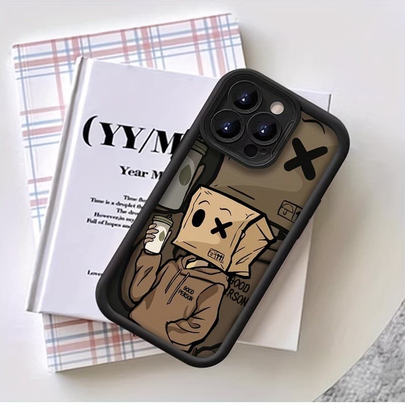 Capa para iPhone 11 12 13 14 15 16 17 Pro Max XS Max Capa para celular Com Boneco de caixa de papel com café
