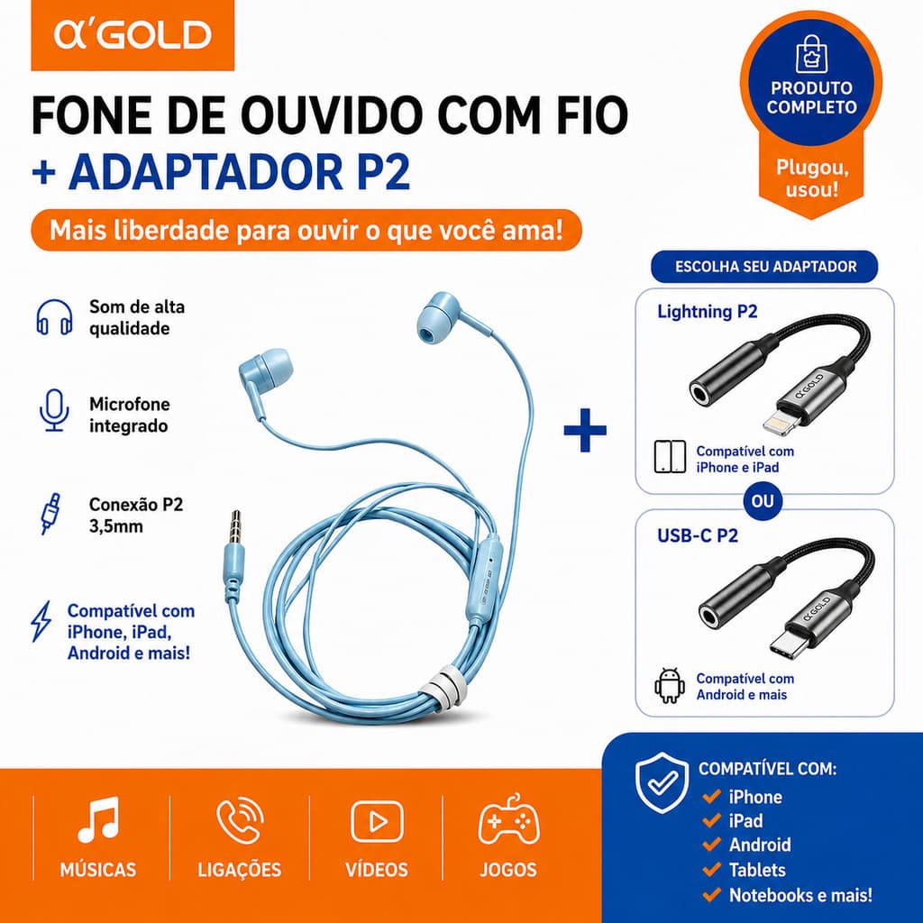 Kit A'GOLD Fone de Ouvido com Fio P2 e Adaptador Lightning/USB-C – Compatível com iPhone e Android FN-A27+CBA-12/13