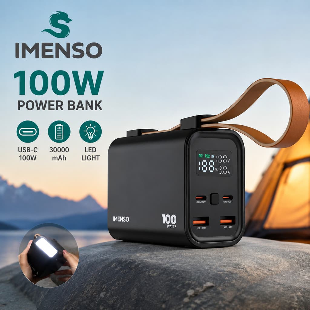 Power Bank IMENSO 100W 30000mAh Com Tela De LED E Lanterna Para Notebooks E Celulares IMS-626T