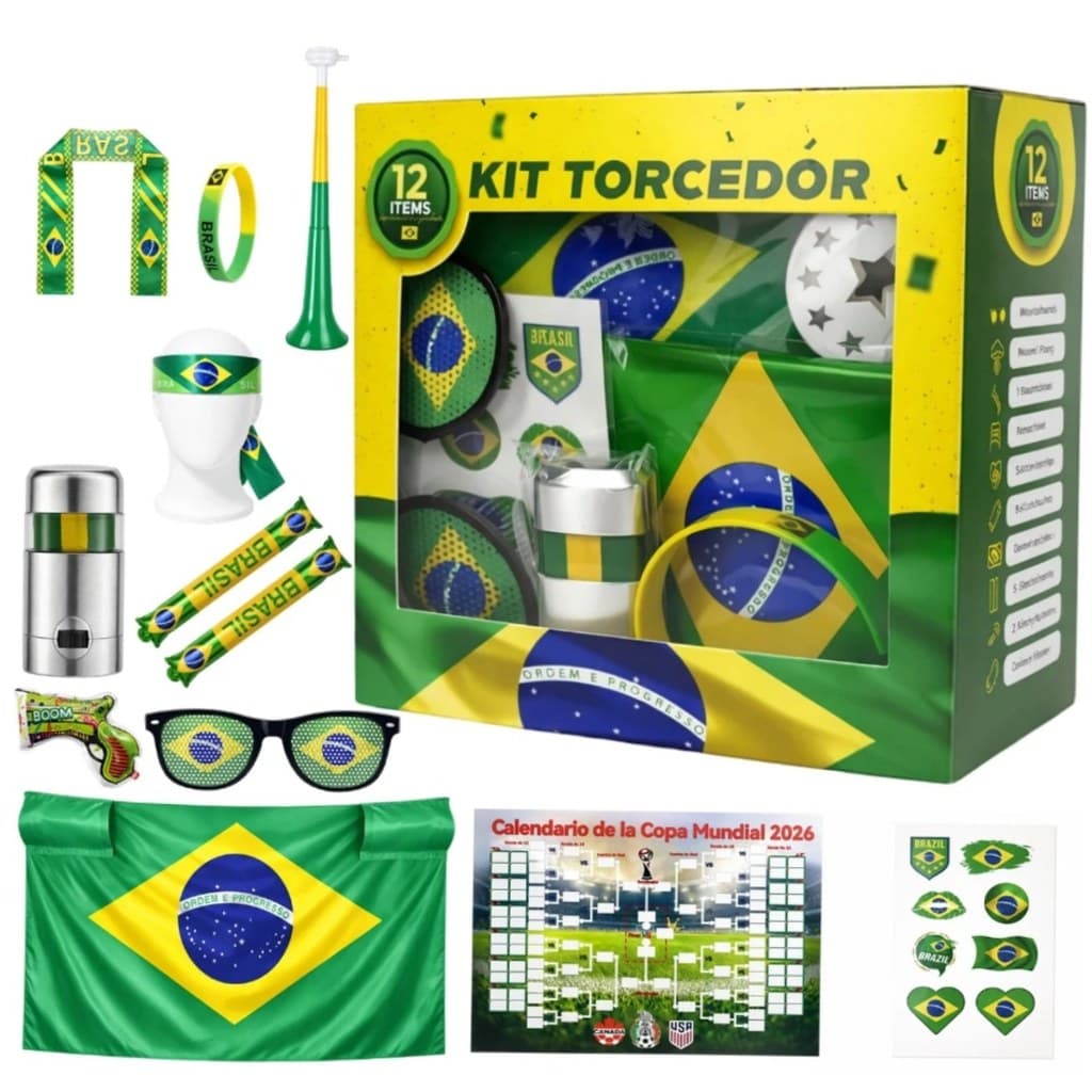 Conjunto 12 peças Torcedor Brasil Copa 2026 Completo Acessórios Festa Futebol