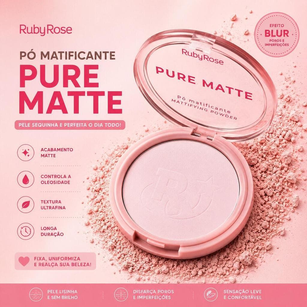 Pó Compacto Ruby Rose Pure Matte HB-M402 - Selamento que Controla Oleosidade com Efeito Mate Suave e Natural