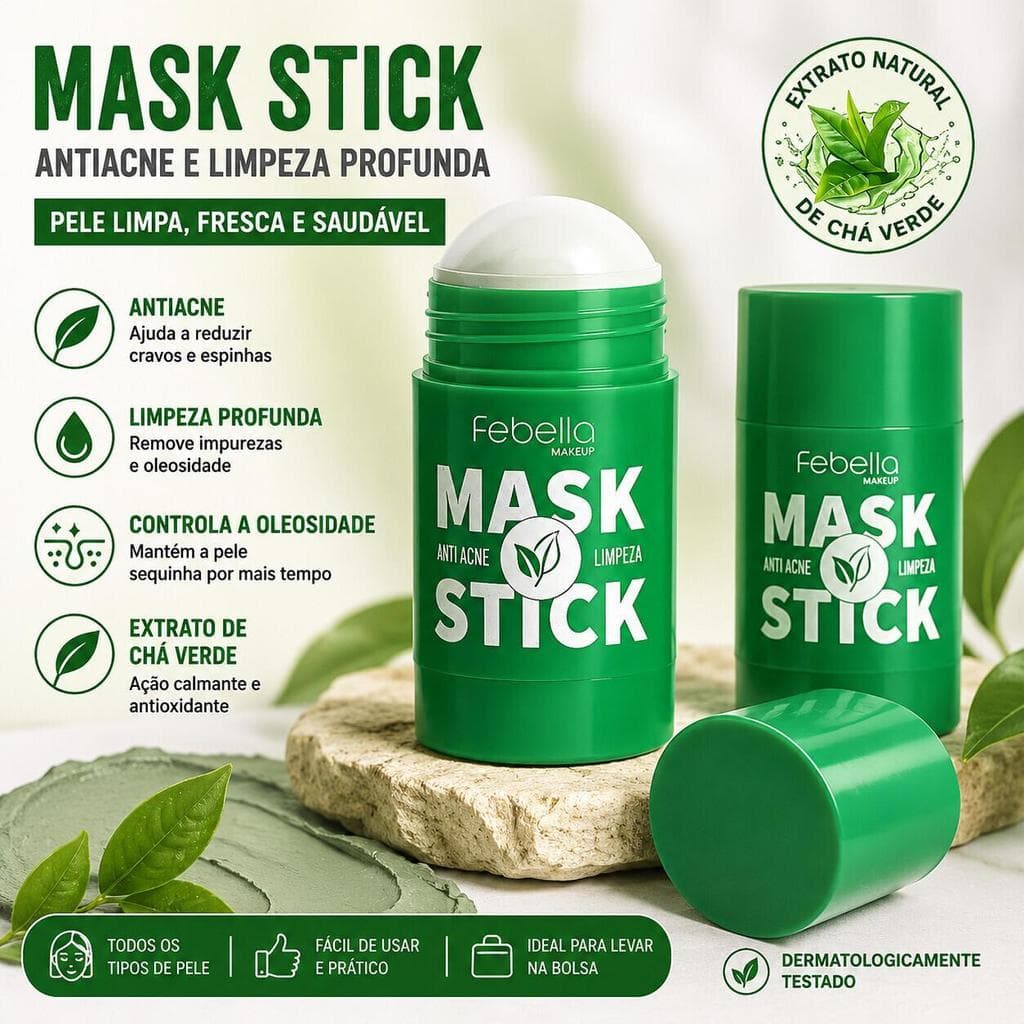 Máscara Argila Verde Febella MGS10101 em Bastão para Limpeza Facial e Remoção de Impurezas