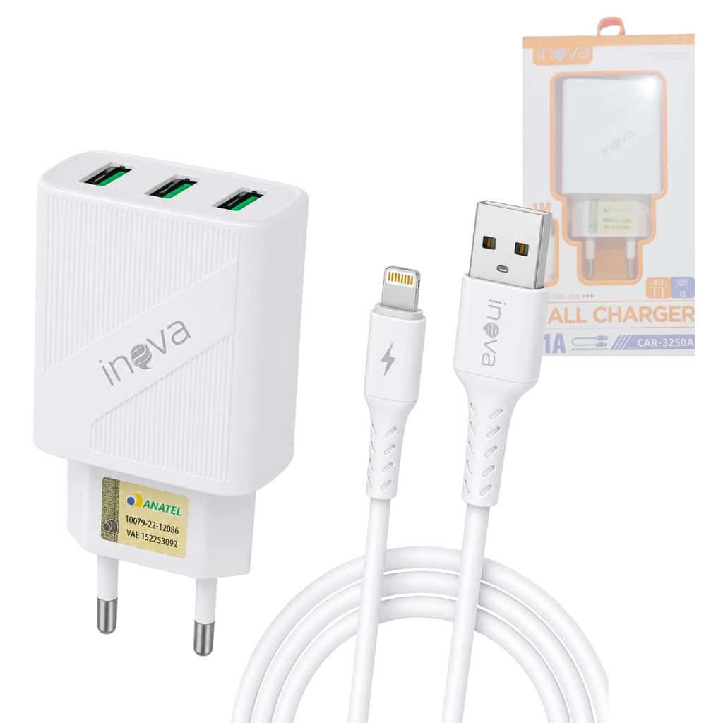 Carregador Completo 5.1A com 03 Portas USB + Cabo Lightning 1 Metro INOVA CAR-3250A