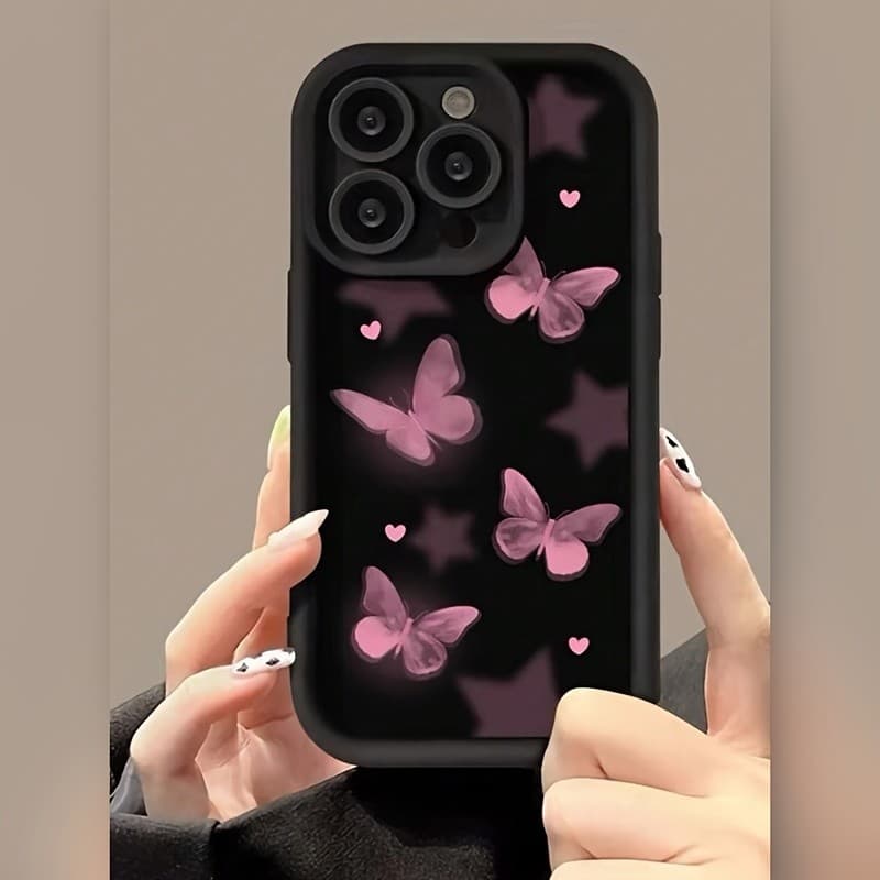 Capinha Estampa Bambu Preto Borboleta Rosa para iPhone 16/15/14/13/12/11 Pro Max/Plus,7Plus/8Plus,X/Xs Max/Xr