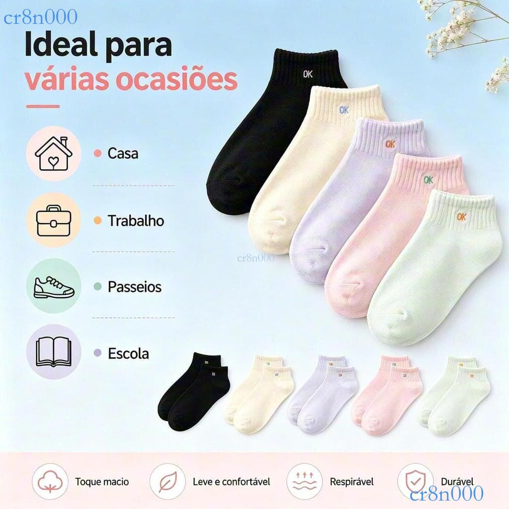 Kit 10 Pares Meias Femininas Cano Curto Algodão, Macias e Confortáveis Cores Sortidas para Uso Diário ✨cr8n000
