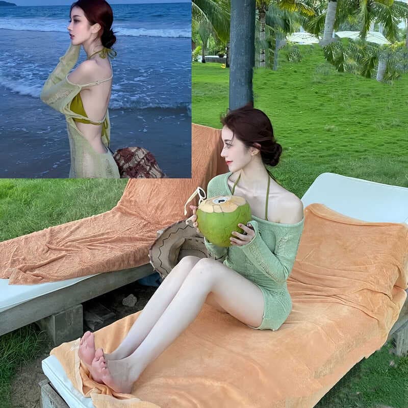 Maiô feminino estilo ins francês verde malha rasgado biquíni de manga comprida protetor solar blusa seios pequenos reuni