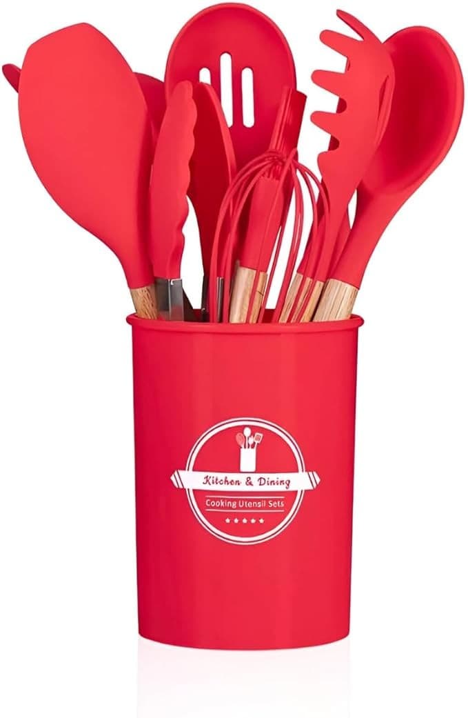 Conjunto de Utensílios de Cozinha 12Pçs - Silicone e Cabo de Madeira Vermelho