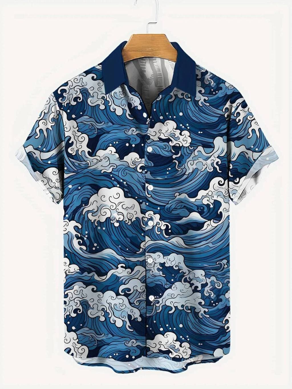 Camisa Masculina Japonesa De Manga Curta Com Estampa De Ondas Oceânicas , Camisas Havaianas Casuais Botões Para Homens ,