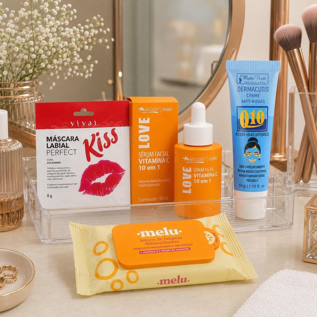 Kit Skincare 4 Itens Vivai Max Love Melu Matto Verde: Sérum Vitamina C, Máscara Labial, Lenço Demaquilante e Creme Q10