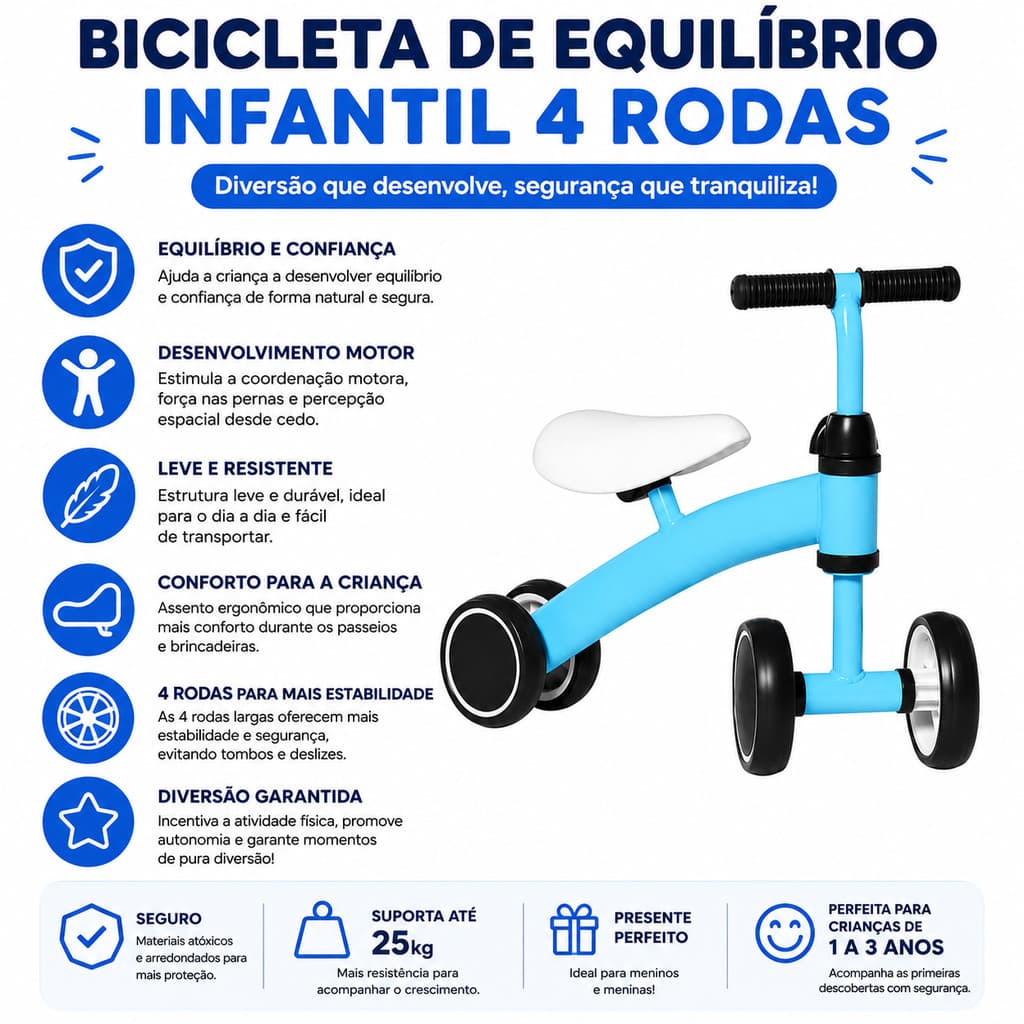 Bicicleta de Equilíbrio 4 Rodas Azul
