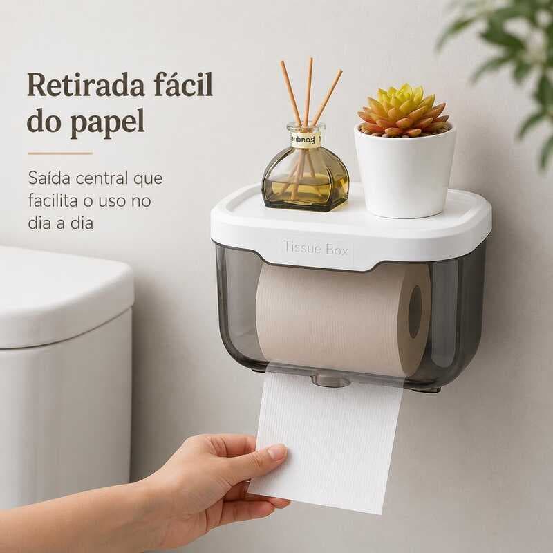 Dispenser Porta Papel Higiênico de Parede com Prateleira Organizador de Banheiro Branco e Fumê