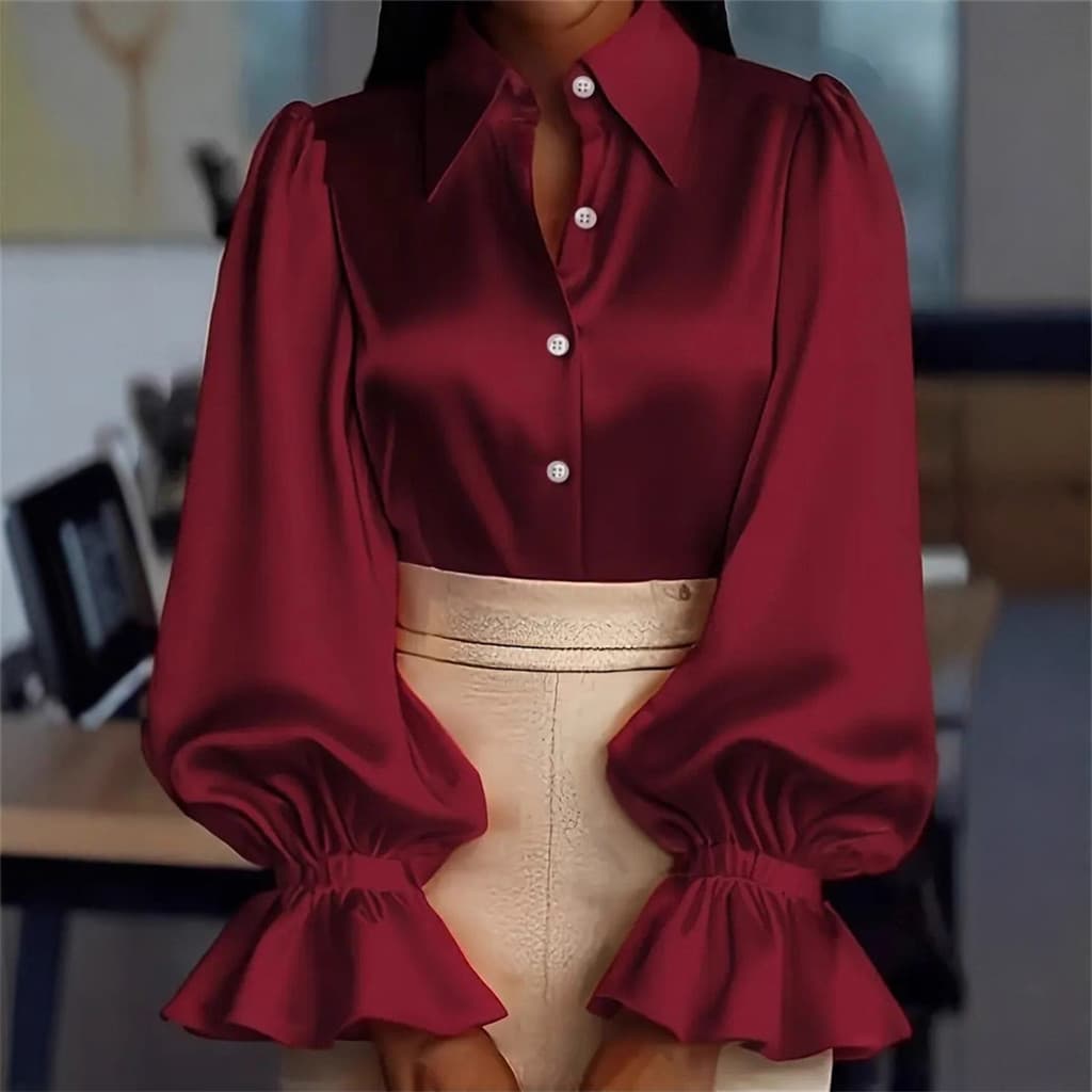 Blusa Elegante De Cetim Sólido Com Babados , Mangas Compridas E Gola Botões – Chique Para Escritório Roupa Casual Top Ou