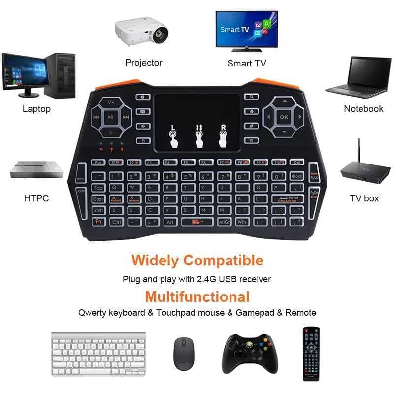 Mini Teclado Sem Fio De 2.4 Ghz Com Touchpad Inglês Luz De Fundo Air Mouse Remoto Adequado Para Android TV Box E Computa
