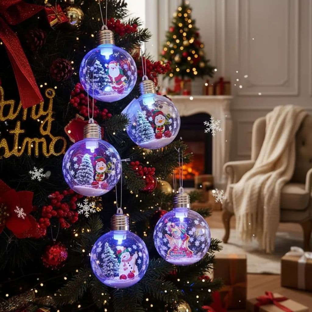 Kit 2 Bolas De Natal Com Led Piscante e Efeito Interno Decorativo