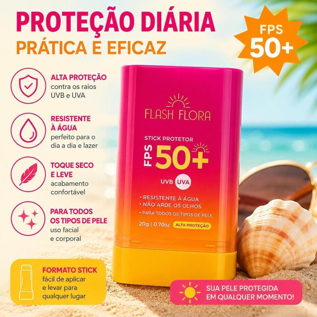 Protetor Solar em Bastão Flash Flora FPS 50+ FF25-03 - Aplicação Prática e Proteção UVA/UVB